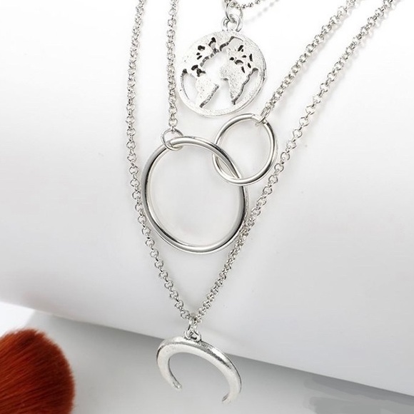 Silver Layered Map Crecent Necklace - Picture 2 of 6